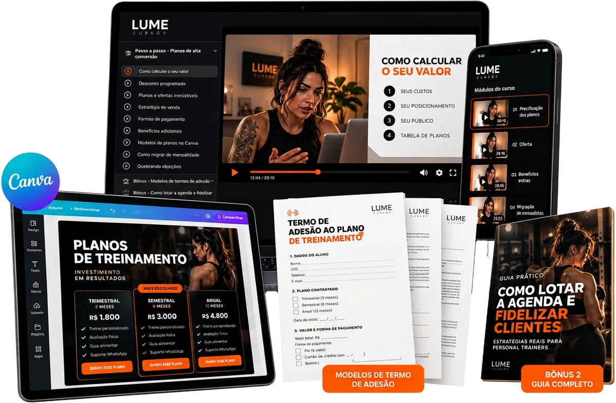 Curso, modelos de planos no Canva e materiais bônus da Lume Cursos